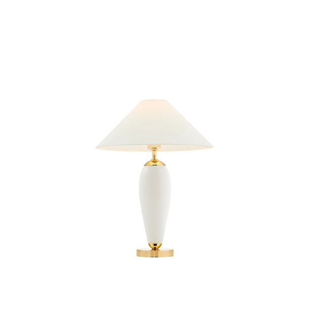 Kaspa - lampa stołowa Rea - szklana podstawa w kolorze bieli, wysokość 60 cm, biały abażur, złota podstawa